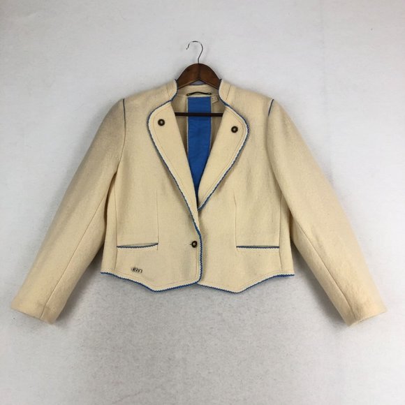 Litza VTG Women's Size 6 Cream Blue Pure New Wool Collared Blazer Jacket - Picture 1 of 14